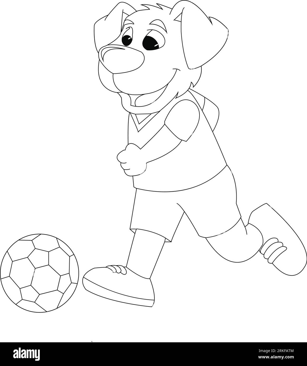 Coloring Page Outline Of cartoon boy with a soccer ball with dog. Football. Coloring book for kids. Cartoon illustration of a dog playing football Stock Vector