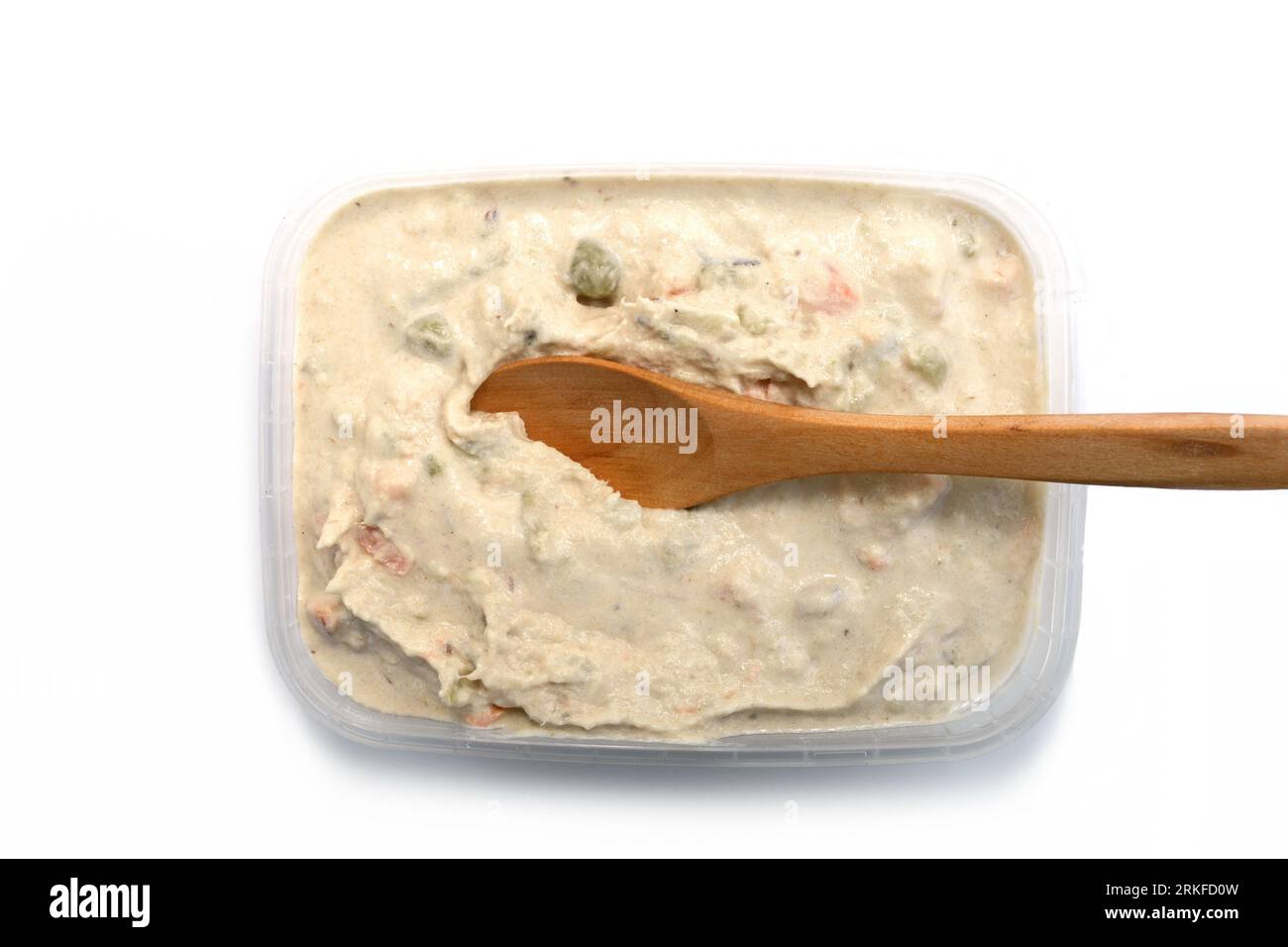 Tuna mayonnaise with tuna flake garnish isolated on white. Tuna spread