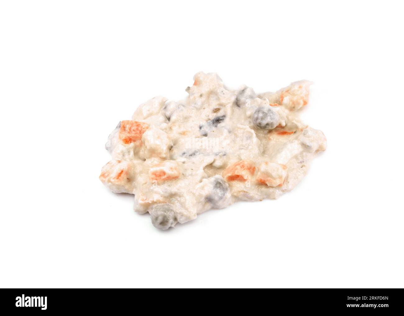 Tuna mayonnaise with tuna flake garnish isolated on white. Tuna spread