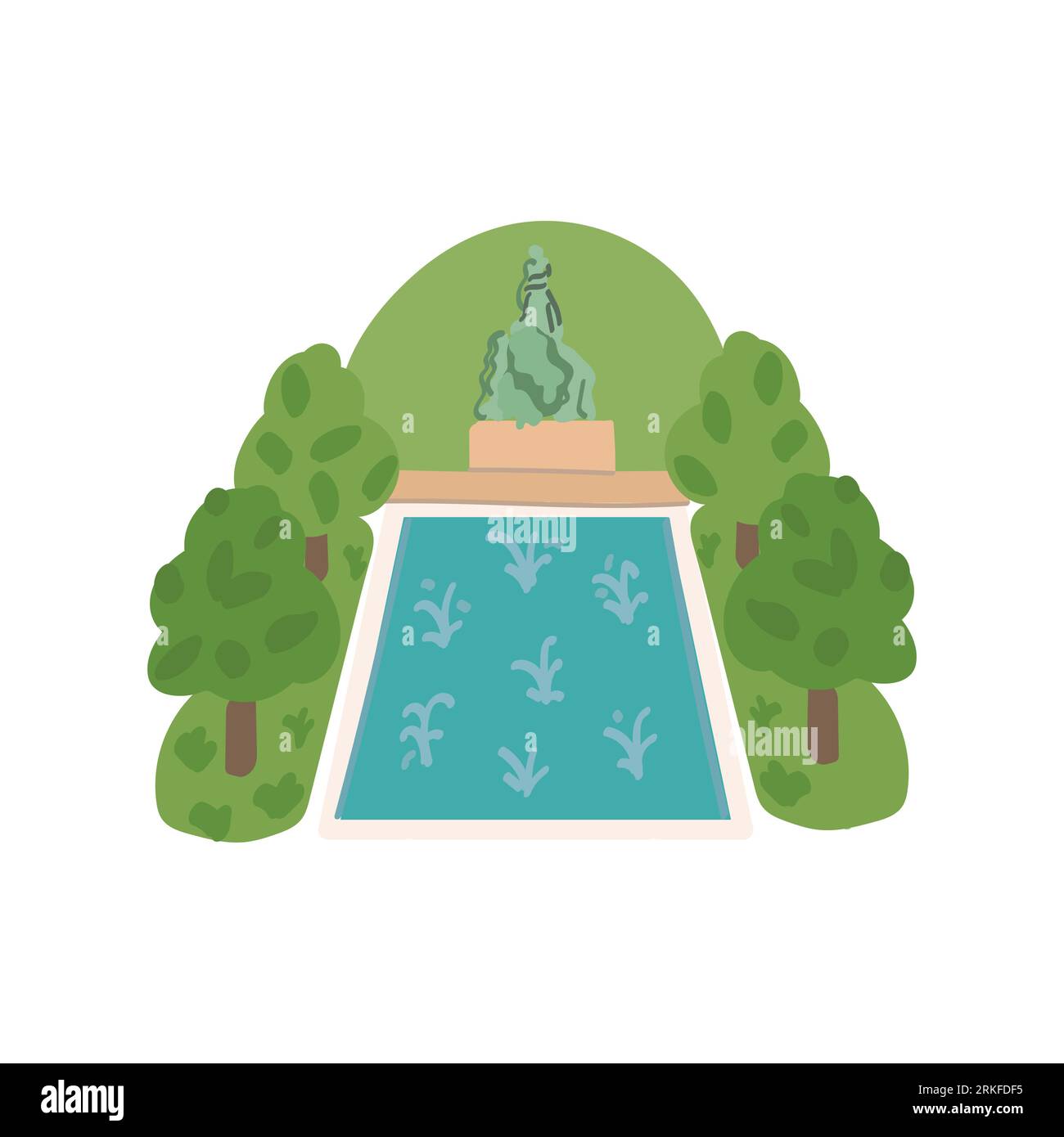 Park sculpture near the pool with blue water and trees around it. Urban park architecture. Vector illustration Stock Vector