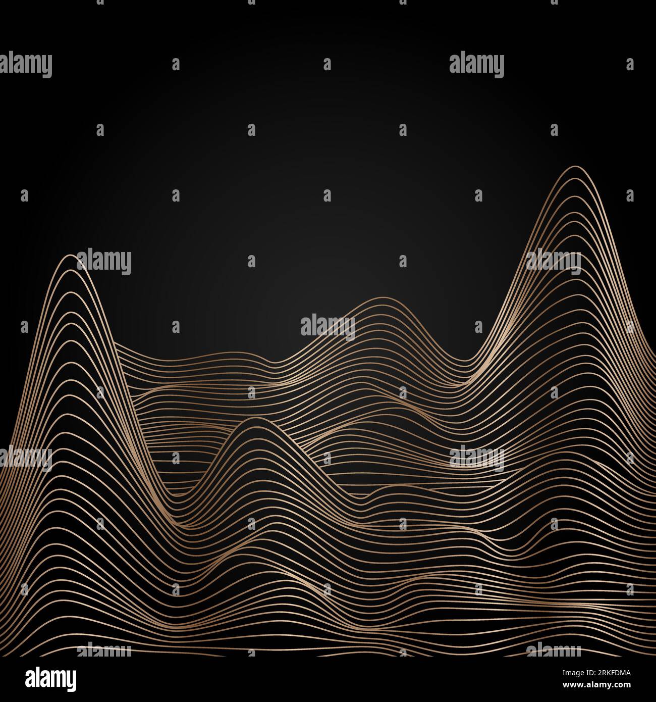 Golden linear abstract mountains on dark background, Moon over wavy linear hills backdrop. Asian motifs. Vector banner Stock Vector