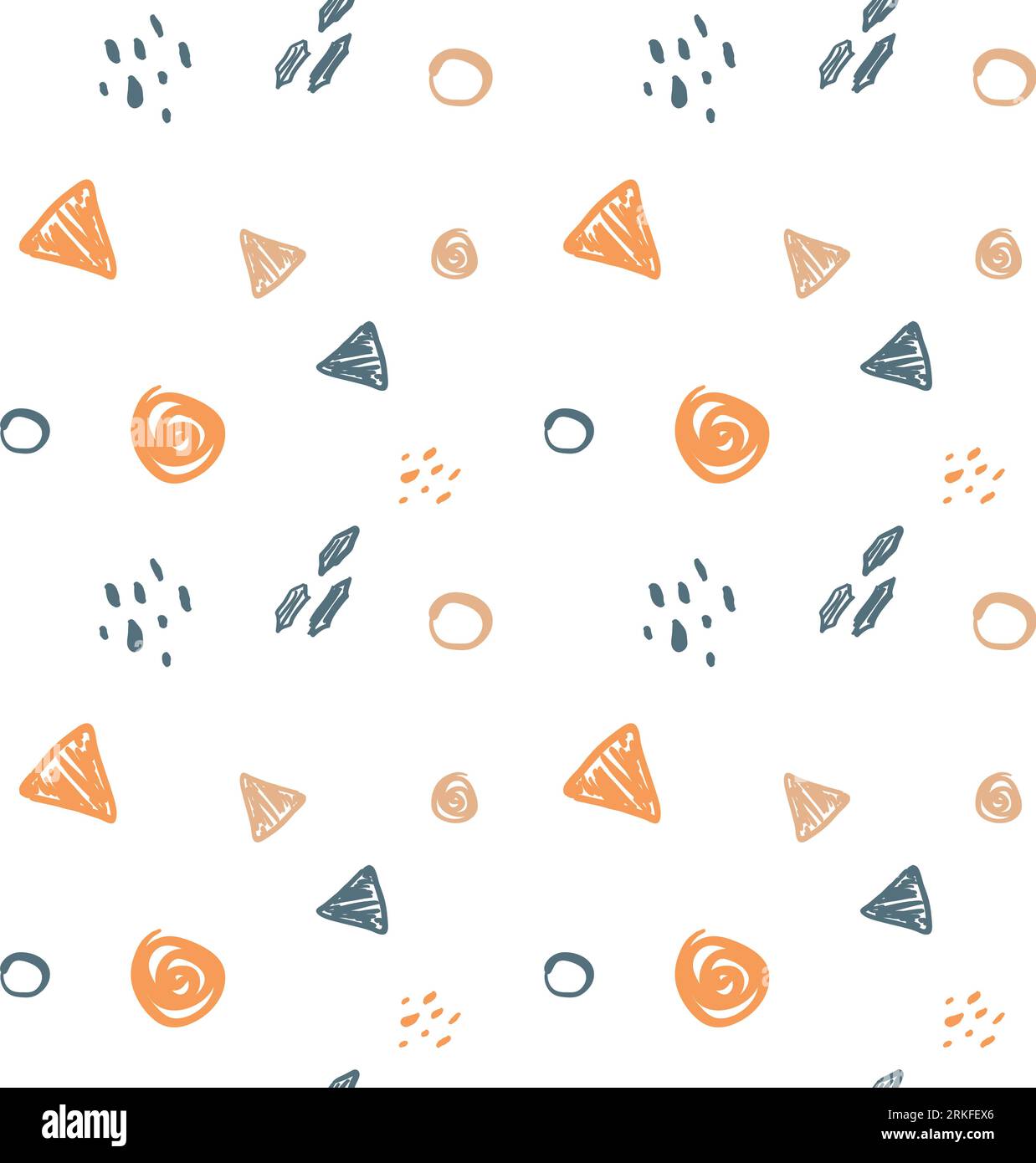 Hand drawn seamless pattern with soft blue and orange cute childish elements. Doodle kiddish