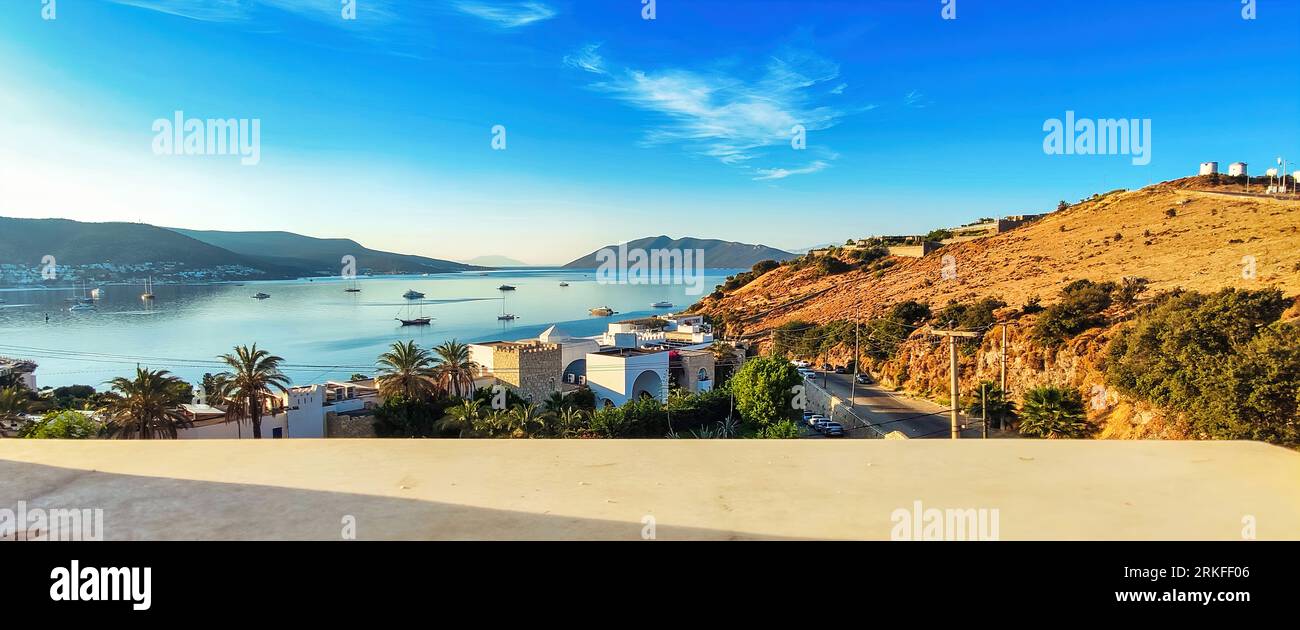 Day in small greece port city on the Adriatic Sea. Exciting Adriatic seascape. Incredible spring scene. Traveling concept background. Stock Photo