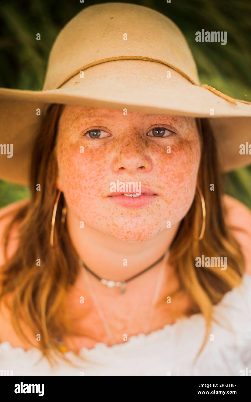 Boho Freckled face Gen Z illustrates Body Positivity Stock Photo