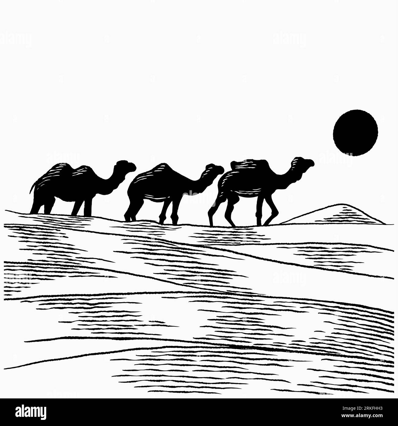 Hand drawn camels walk through the desert. Caravan going through the sand dunes isolated vector illustration. Camel caravan concept in vintage sketch Stock Vector
