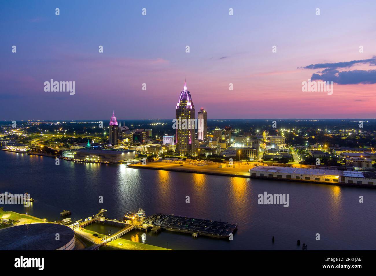 Downtown Mobile waterfront skyline at sunset Stock Photo Alamy