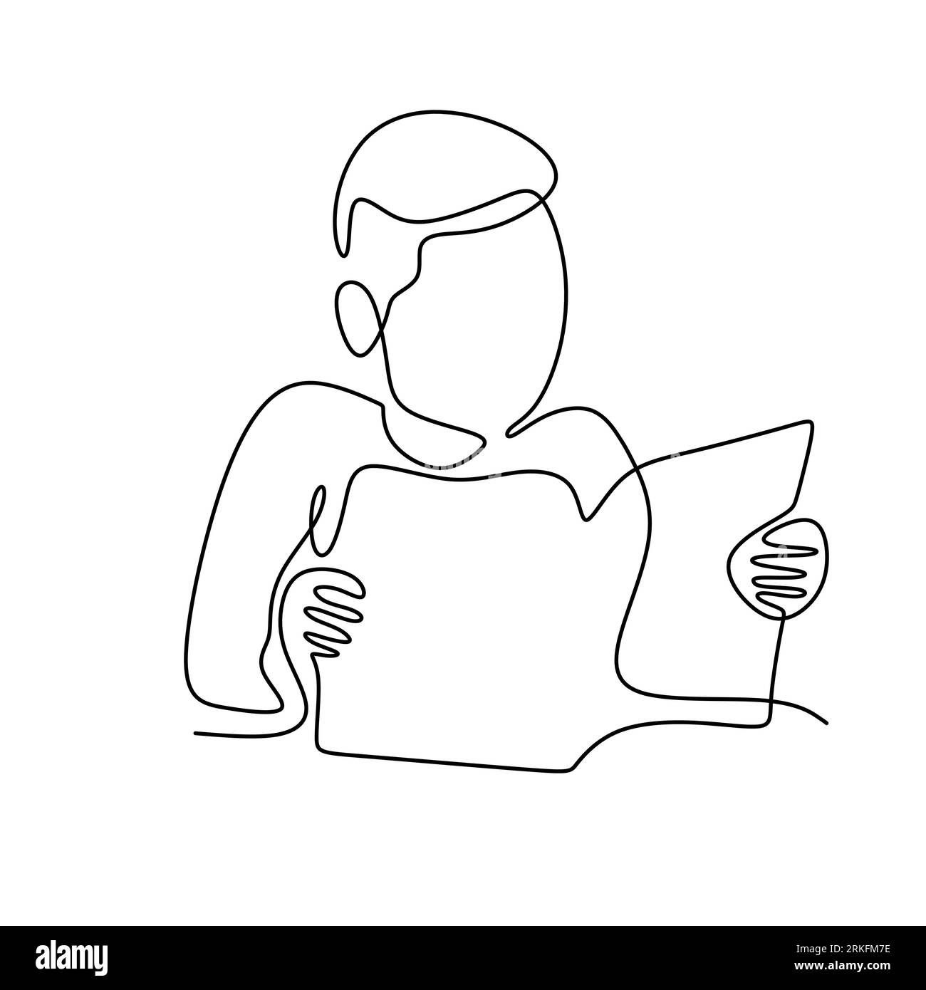 A teenager boy with a book continuous one line drawing. Young man sitting and read a book to study in the room isolated on white background. Back to s Stock Vector