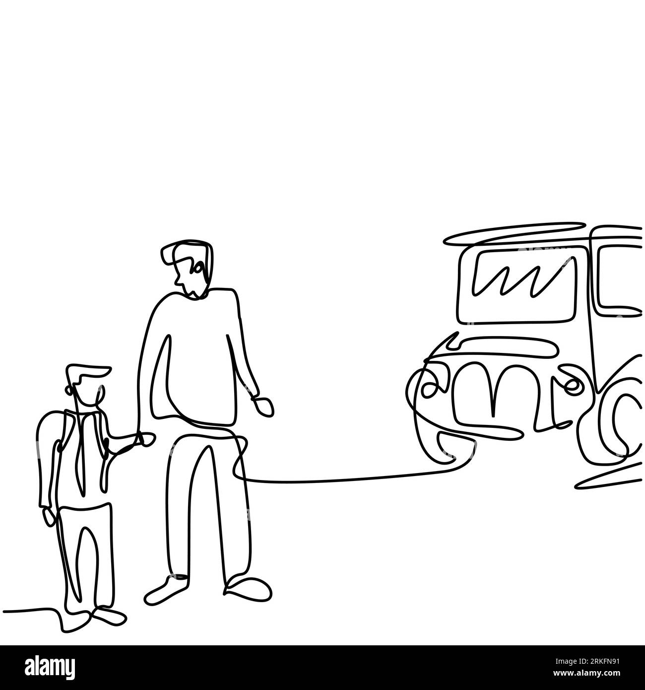 Continuous one line drawing of young father takes her child to school bus. Happy little kid is standing with his daddy on the street. Back to school c Stock Vector