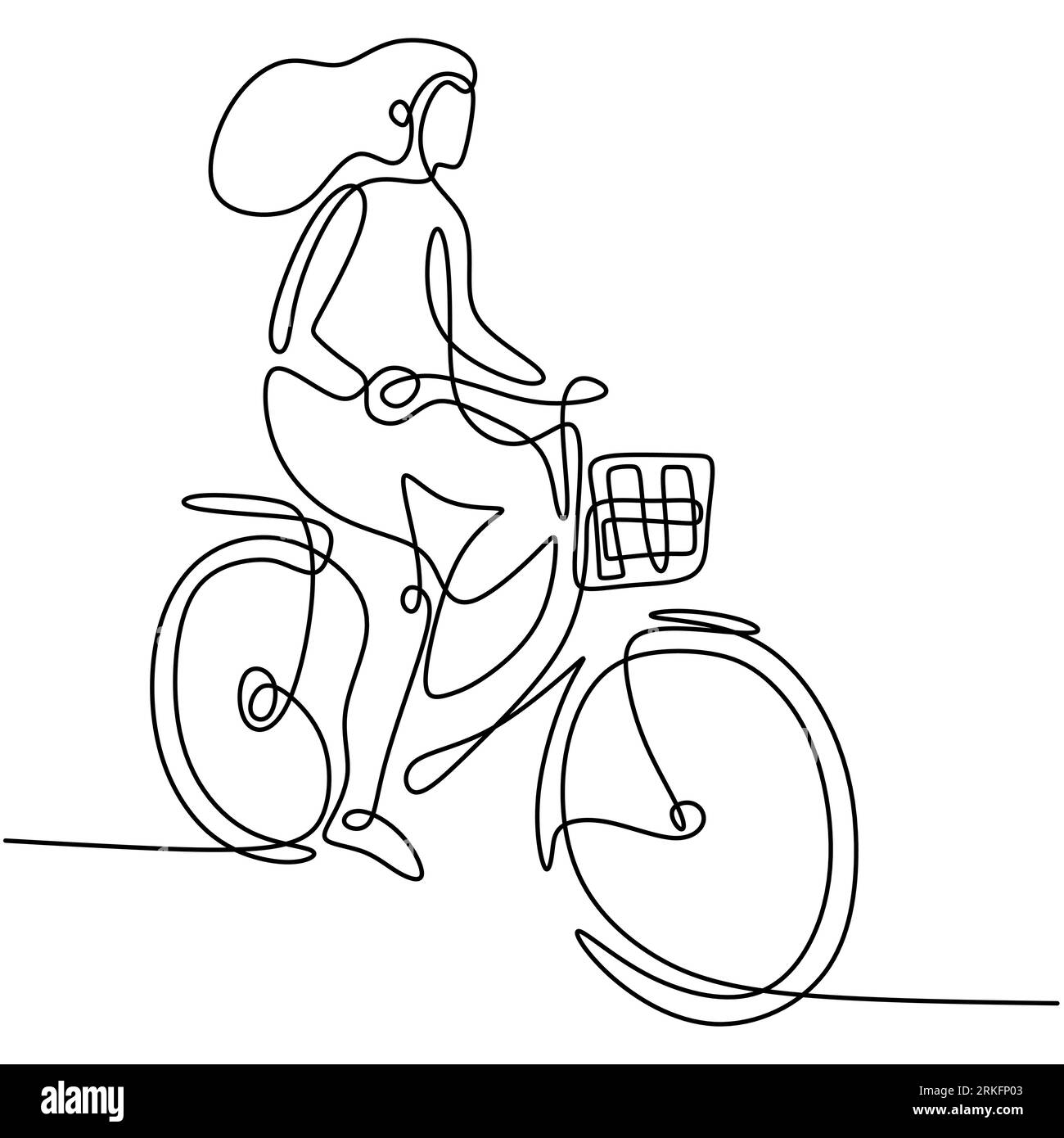 One continuous line drawing of a girl riding bicycle. A cute woman enjoy riding her cycle in the morning to exercise. Healthy lifestyle theme isolated Stock Vector