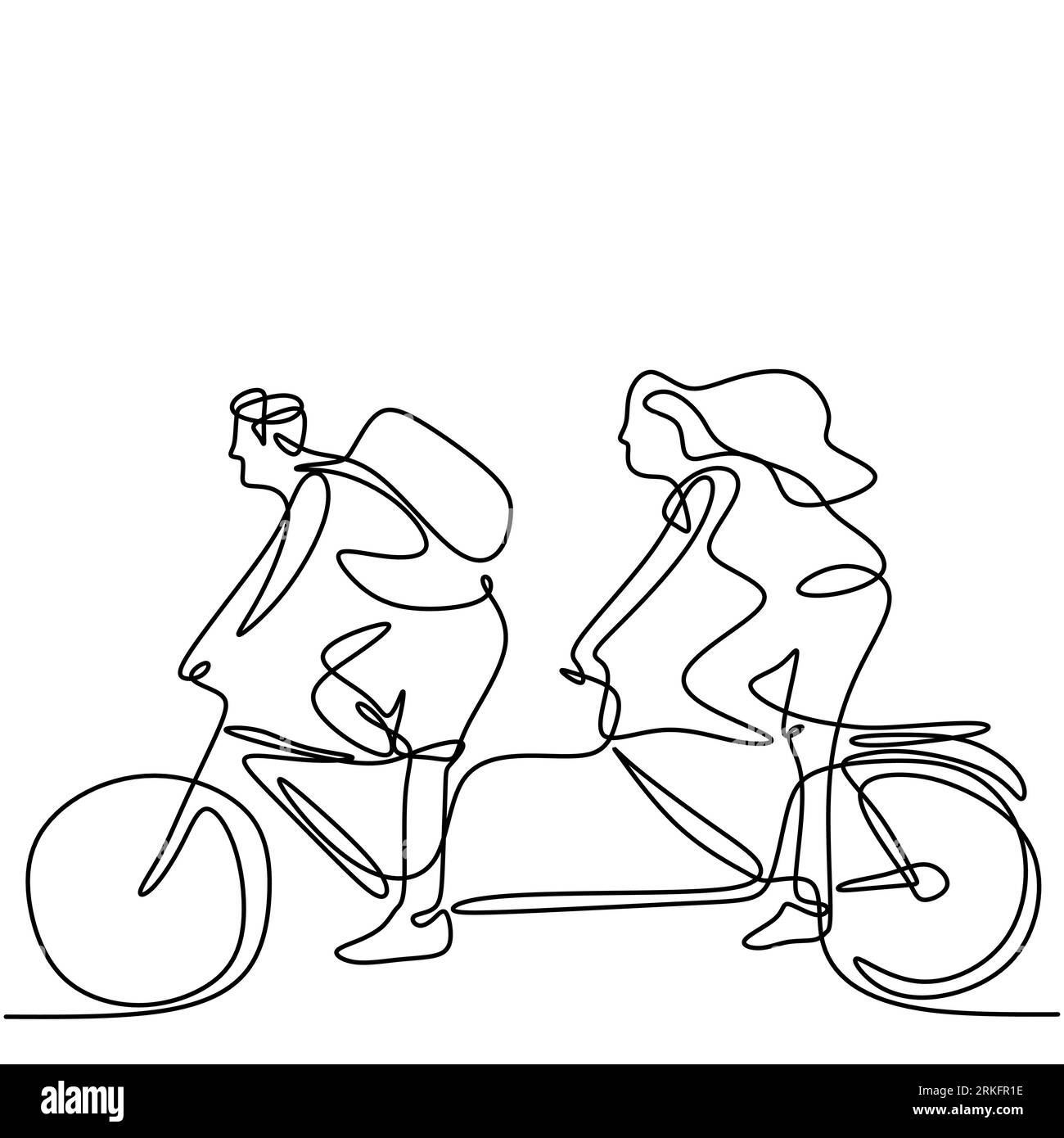 Continuous line drawing of young man and woman riding bicycles hand-drawn line art minimalism style on white background. Energetic male and female rid Stock Vector