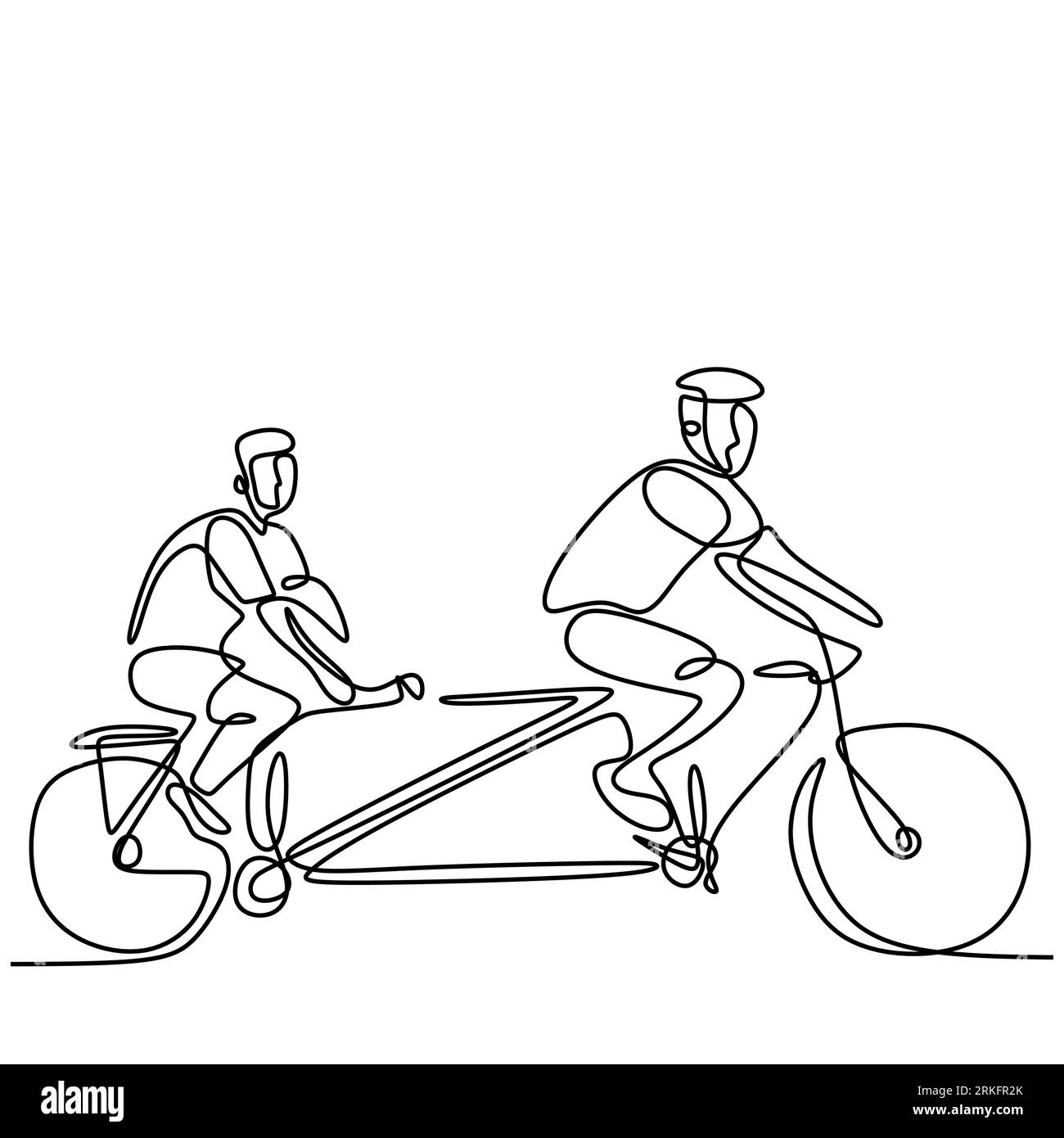 Continuous line drawing of two young man riding bicycles hand-drawn