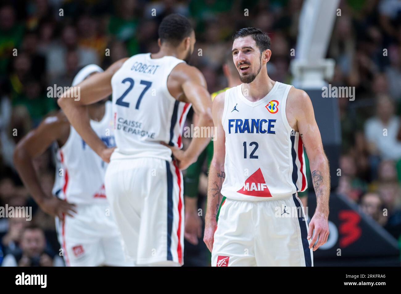 VILNIUS, LITHUANIA - august 11th 2023: FIBA World Cup 2023 tune-up game. Lithuania - France. Basketball player Nando de Colo and Rudy Gobert in action Stock Photo