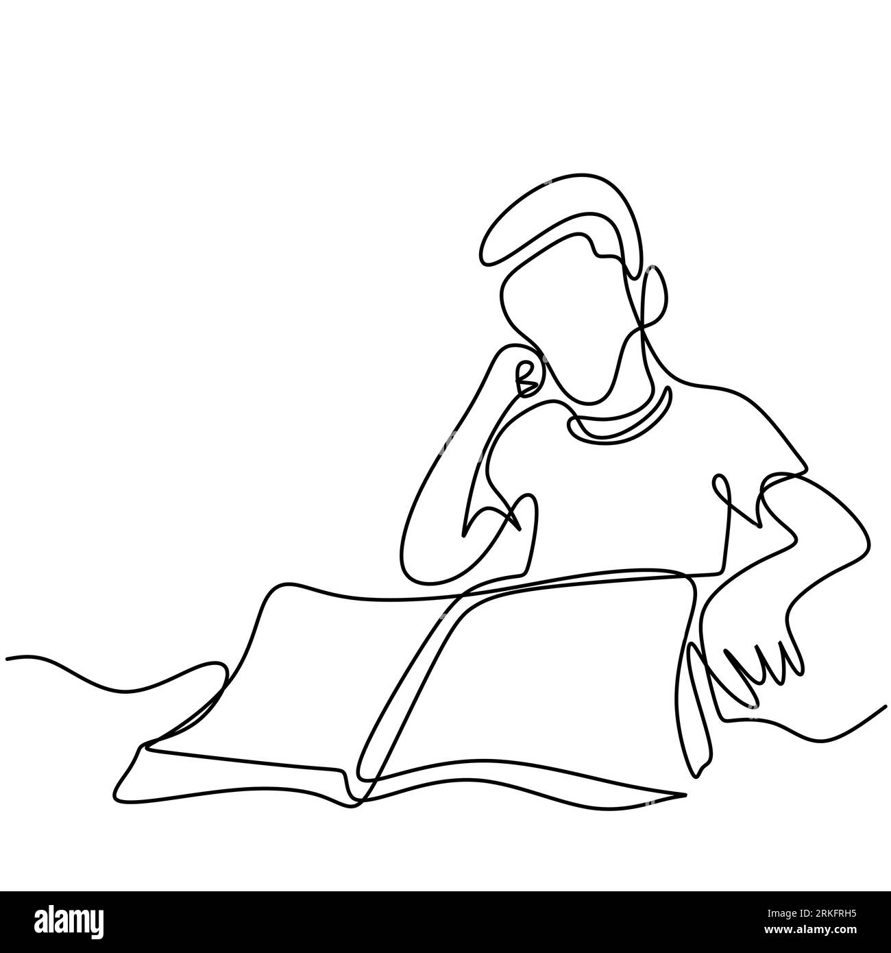 A teenager boy with a book continuous one line drawing. Young man sitting and read a book to study in the room isolated on white background. Back to s Stock Vector