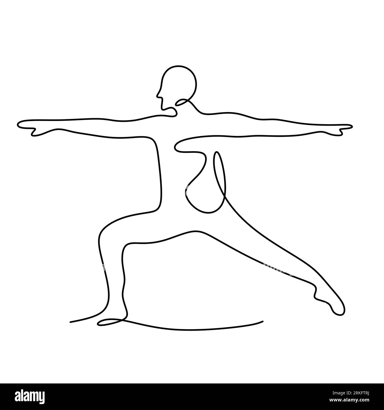 Woman doing yoga pose. Continuous one line drawing of energetic girl practice Virabhadrasana yoga exercise pose. Character female in warrior pose isol Stock Vector