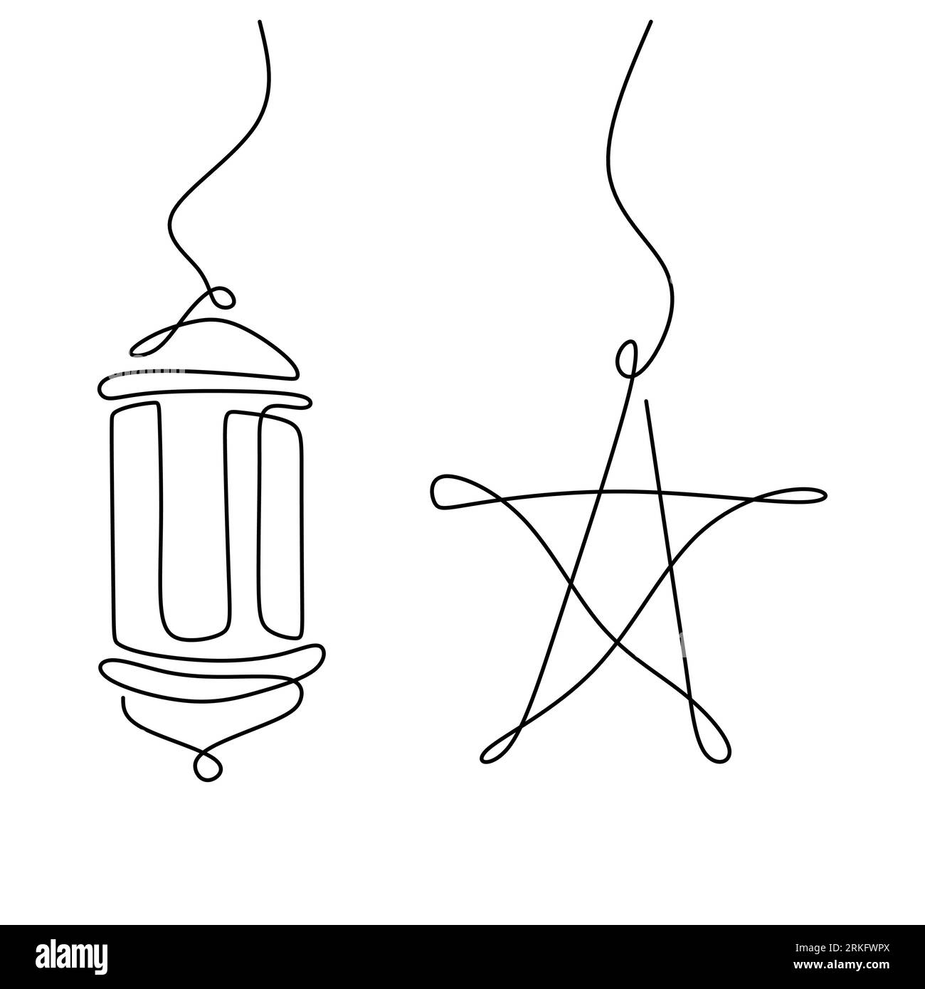 One continuous line drawing design for ramadan with hanging stars and