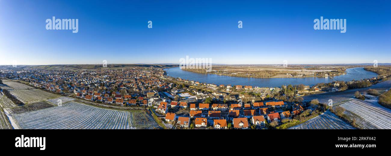 An aerial panoramic view of wine village Nierstein on the Rhine on a sunny day Stock Photo