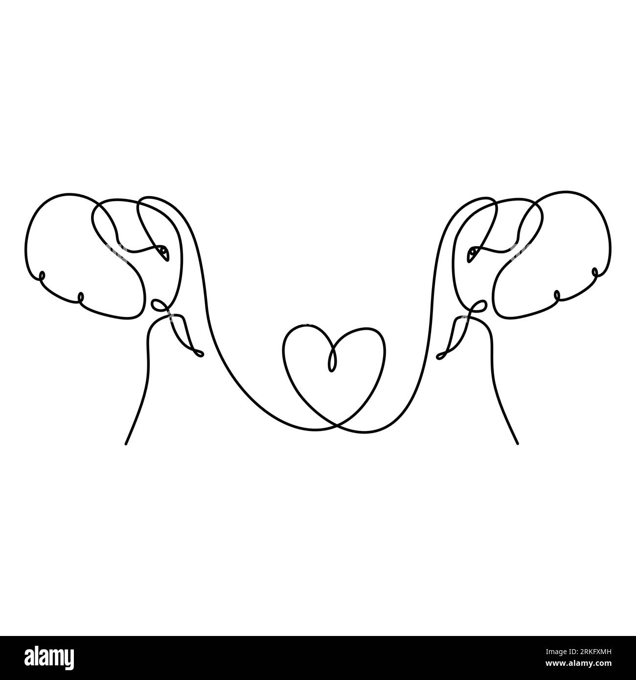 Continuous line drawing of two elephants silhouette with heart love symbols. Wedding, Valentine day, Hug day, family, friendship card design concept. Stock Vector