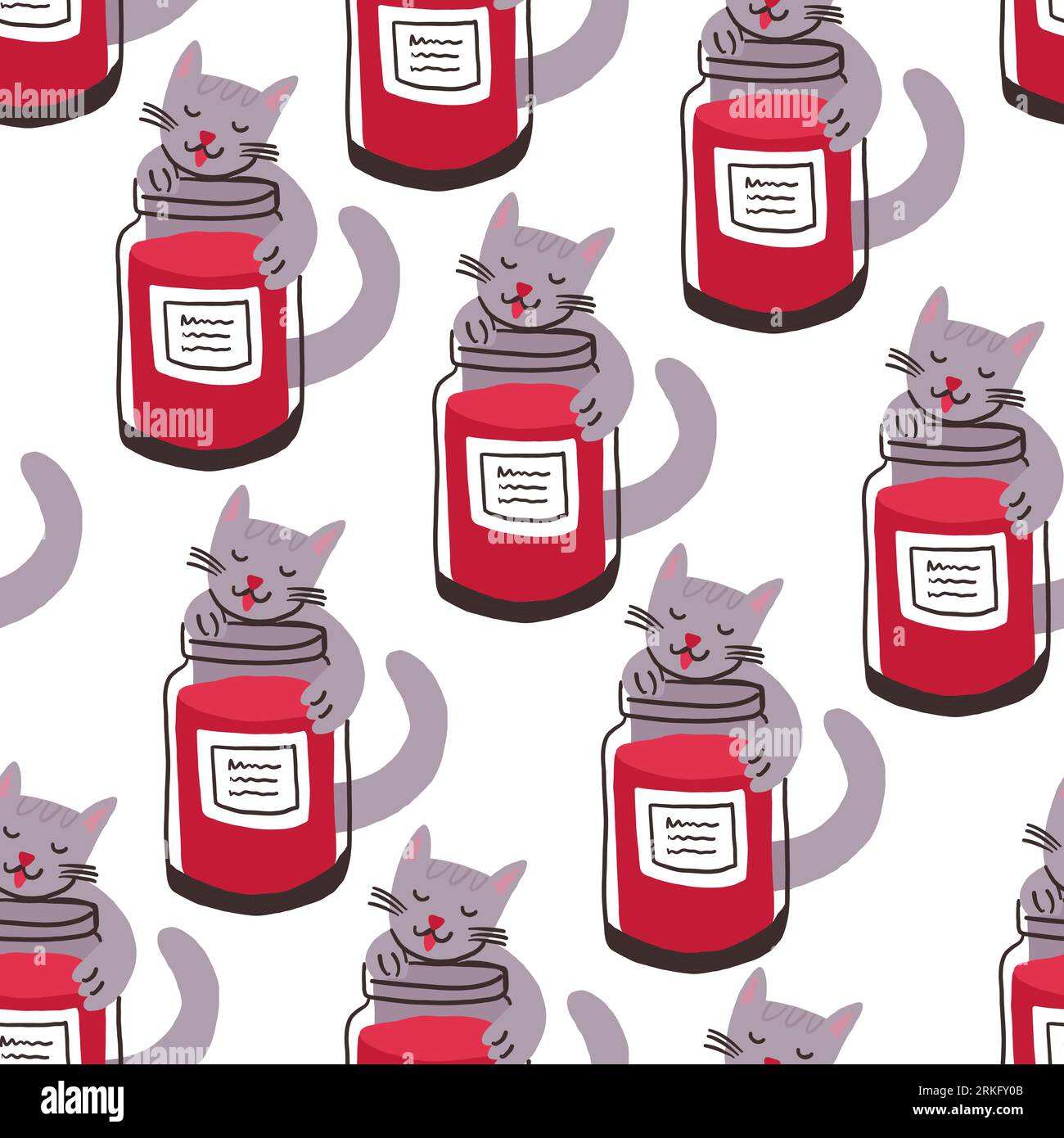 Cute pattern with the cat eating jam from the jar on white. Cute