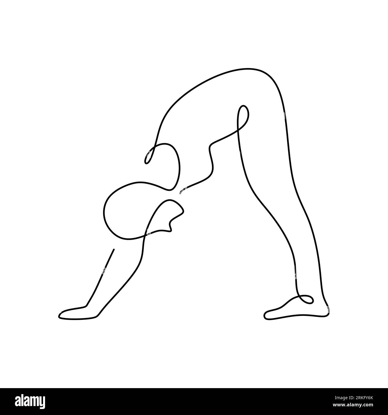 Woman doing yoga pose. Continuous one line drawing of energetic girl practice Downward Dog yoga exercise pose. Character female in warrior pose isolat Stock Vector