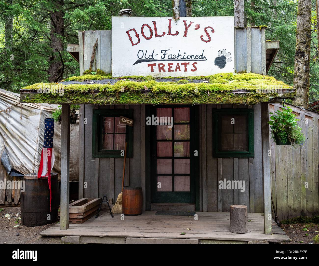 An old-fashioned store located in a remote area surrounded by trees Stock Photo