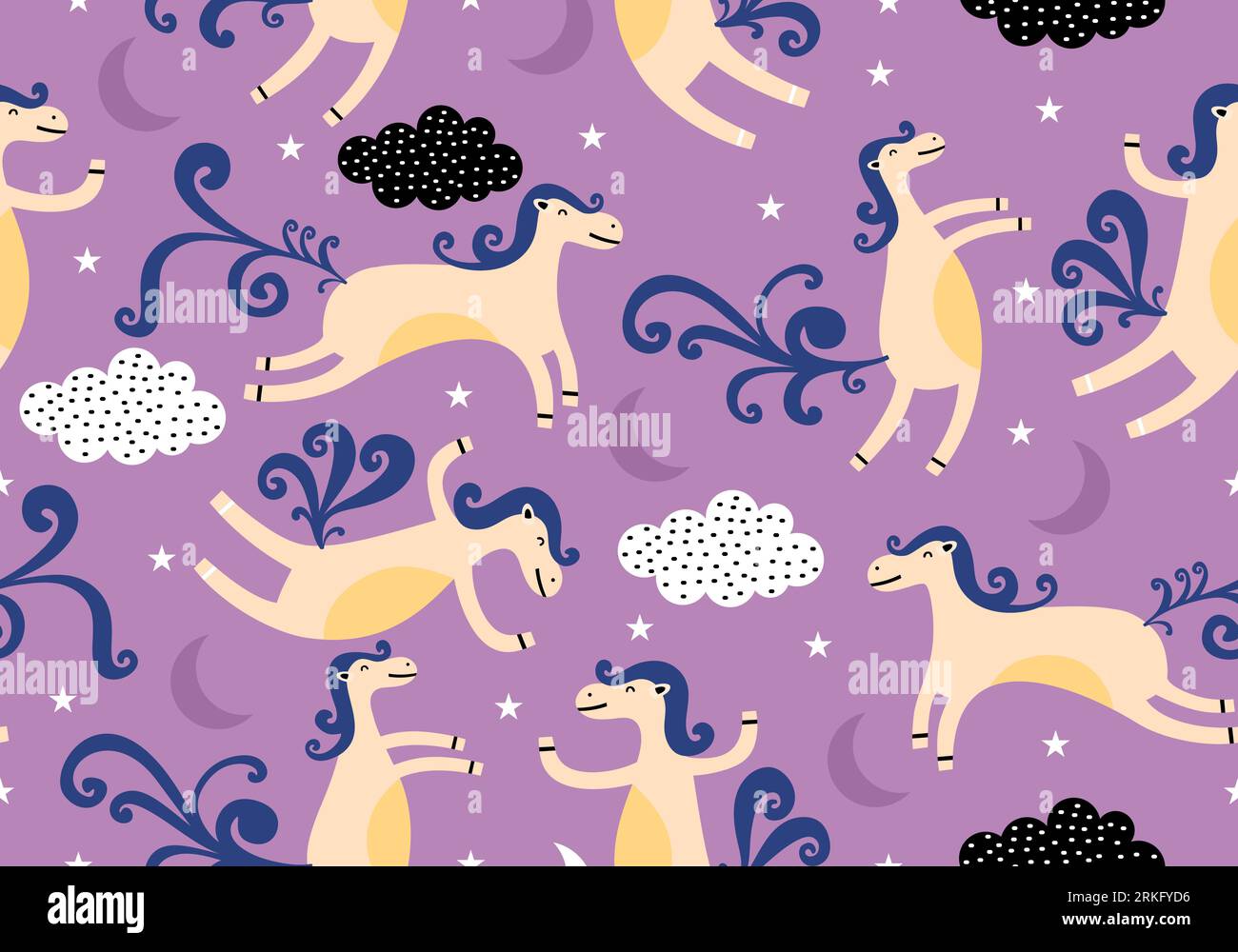 Hand drawn seamless vector pattern with cute unicorns, stars, clouds ...