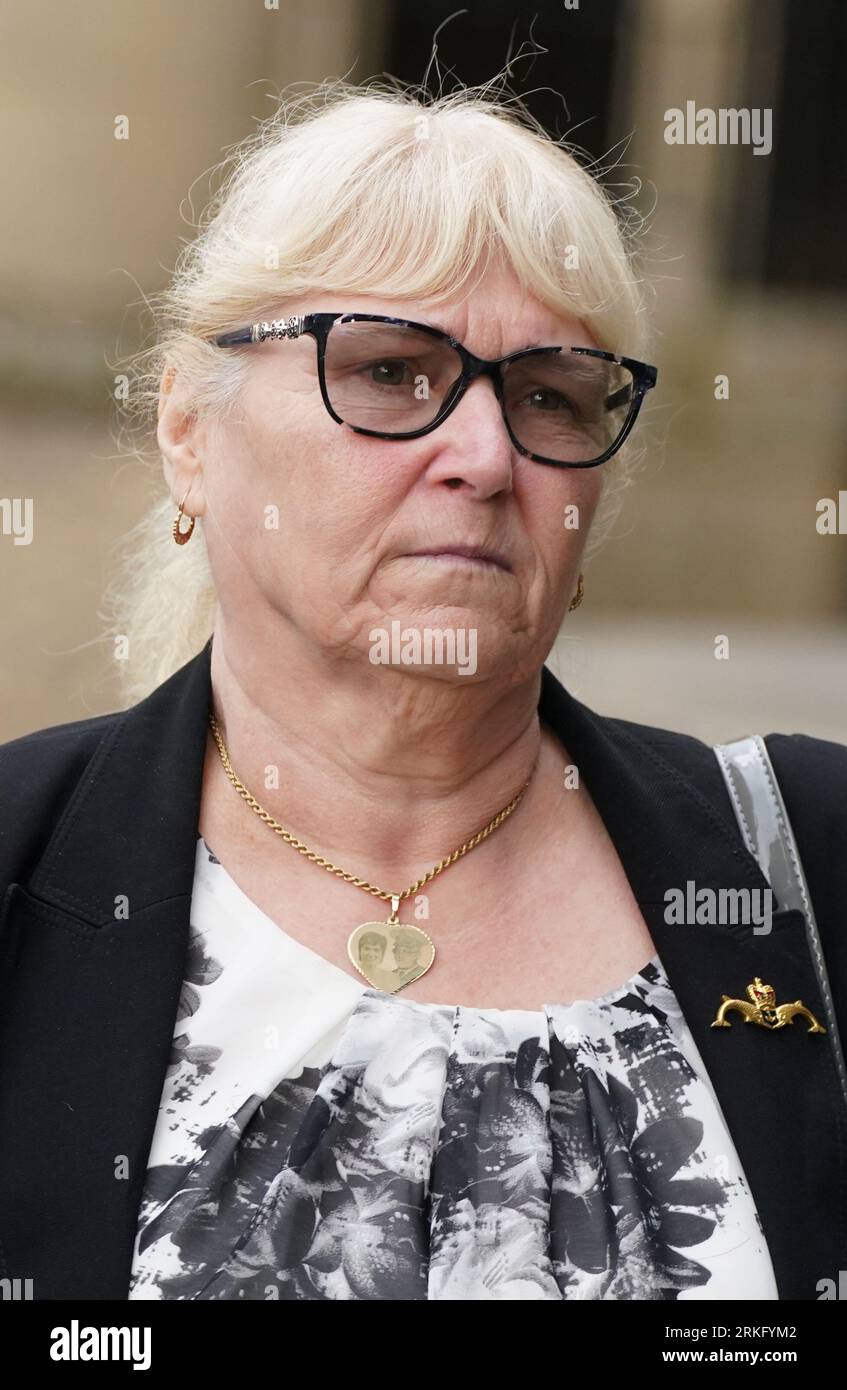 The widow of Tony Parsons, Margaret Parsons leaves the High Court, Glasgow, following the sentence hearing of the McKellar brothers. Alexander McKellar, 31, who caused the death of the 63-year-old charity cyclist by hitting him with his car on the A82 near Bridge of Orchy, Argyll and Bute, on September 29 2017, was jailed for 12 years. His twin brother Robert, was sentenced to five years and three months in jail. Picture date: Friday August 25, 2023. Stock Photo