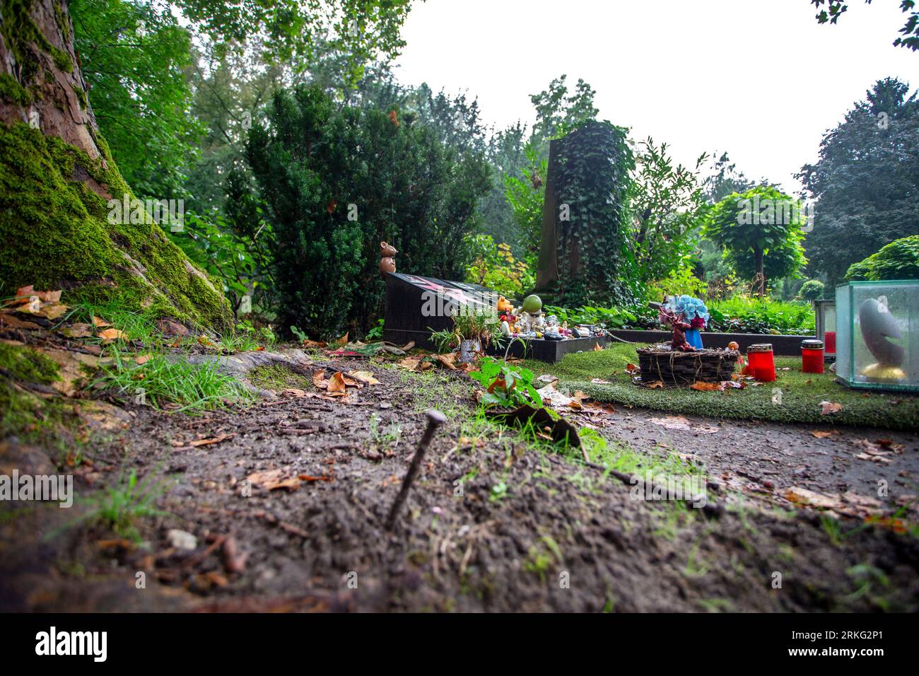 Cologne, Germany. 25th Aug, 2023. A fastening screw is stuck in the ground at Melaten Cemetery, from where the pink bench at comedian Dirk Bach's grave was stolen. Credit: Thomas Banneyer/dpa/Alamy Live News Stock Photo