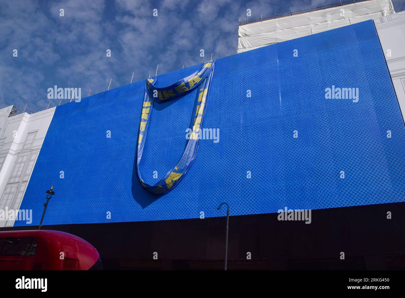 London, UK. 25th August 2023. A giant Ikea shopping bag covers the