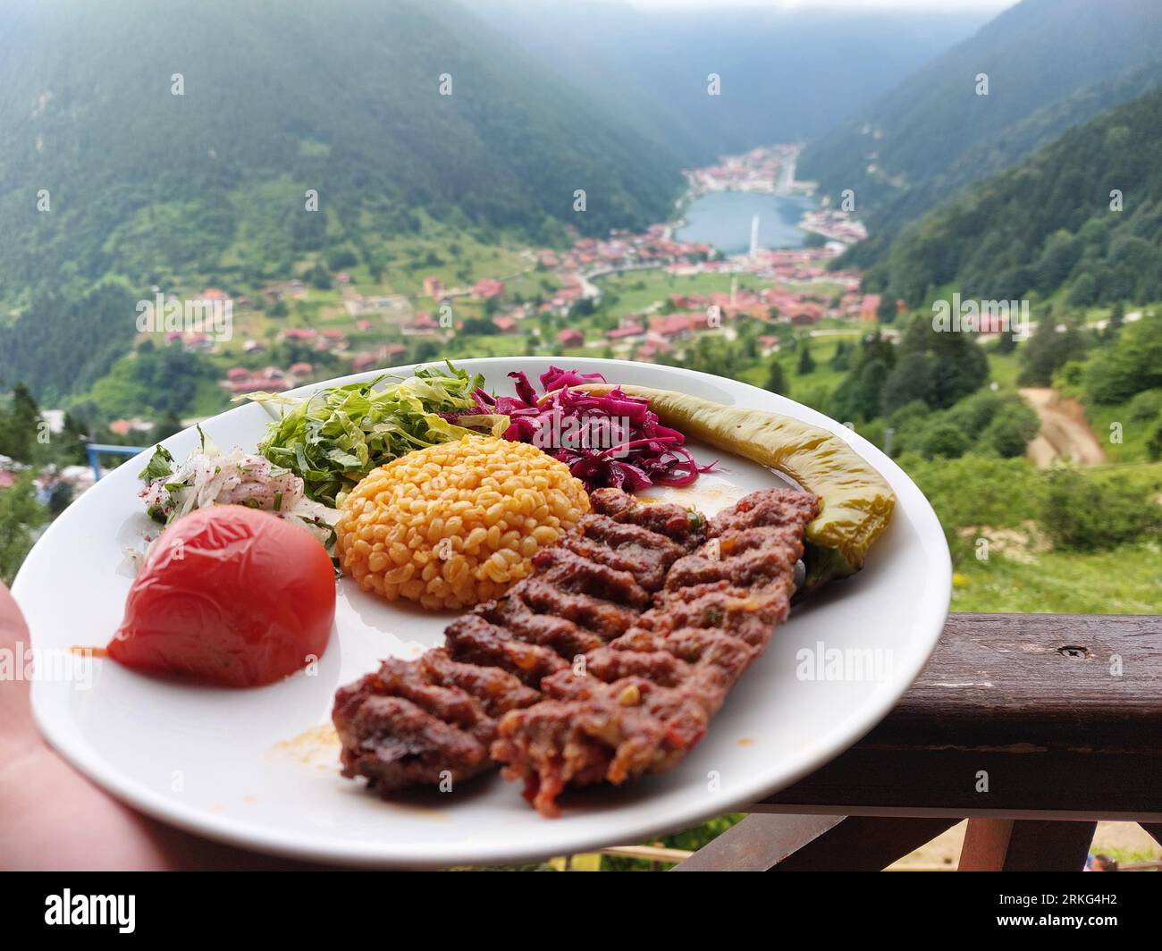 A white plate with a variety of cooked meats and vegetables is featured in the foreground of a vibrant green hillside Stock Photo