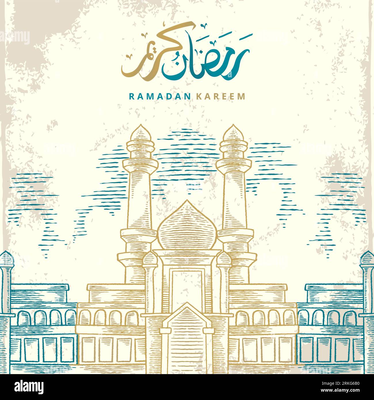 Ramadan Kareem greeting card with golden and blue big mosque sketch and Golden Arabic calligraphy means 'Holly Ramadan'. Hand drawn sketch elegant des Stock Vector