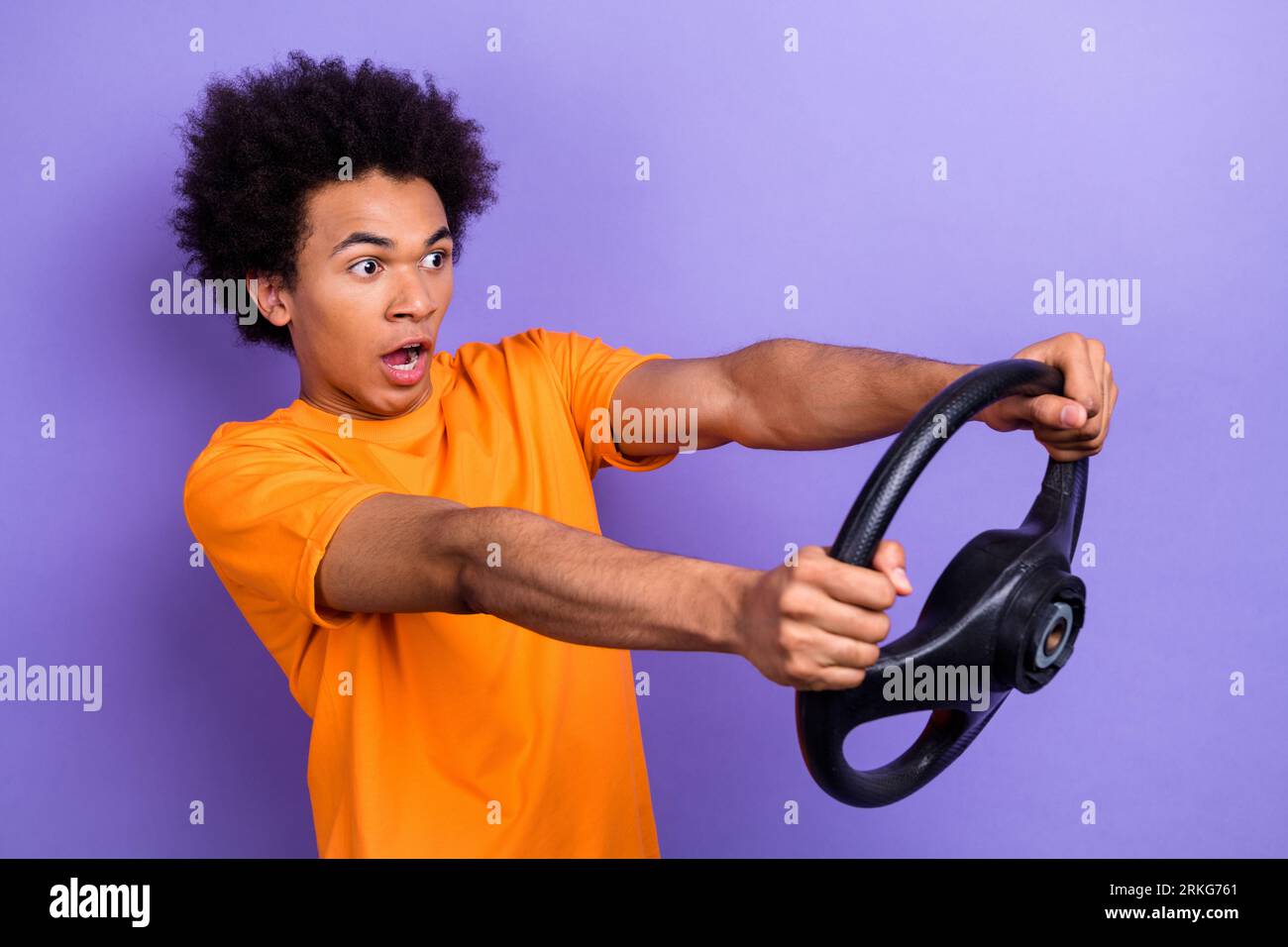 Creative photo collage of funny guy shocked unhappy holding not control steering wheel car crash isolated on violet color background Stock Photo
