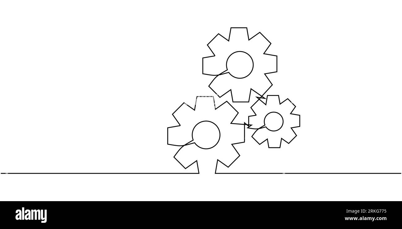 One continuous line of moving gears wheels. Round wheel metal symbol