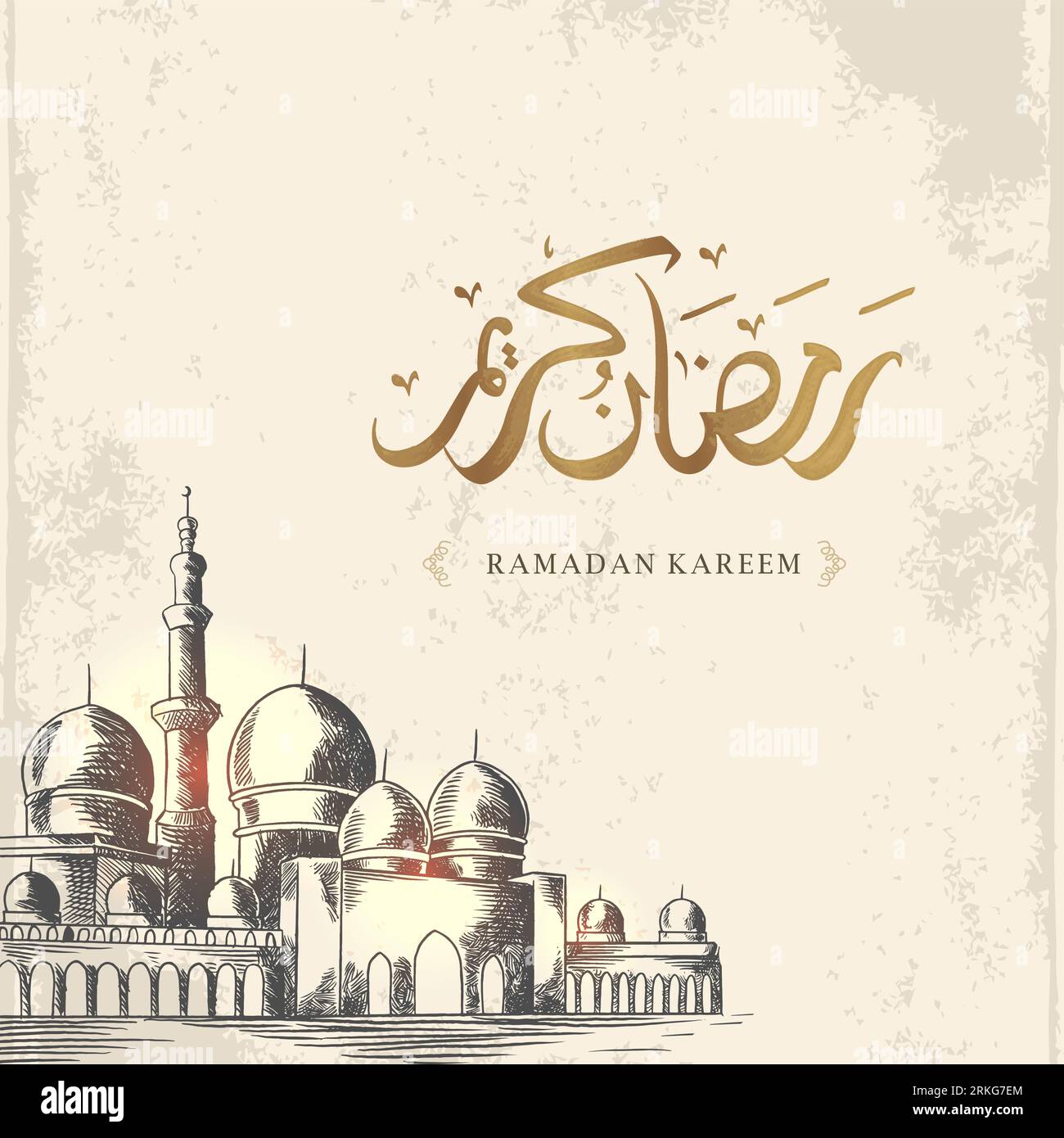 Ramadan Kareem greeting card with big mosque sketch and golden Arabic calligraphy means 'Holly Ramadan'. Hand drawn sketch elegant design Isolated on Stock Vector