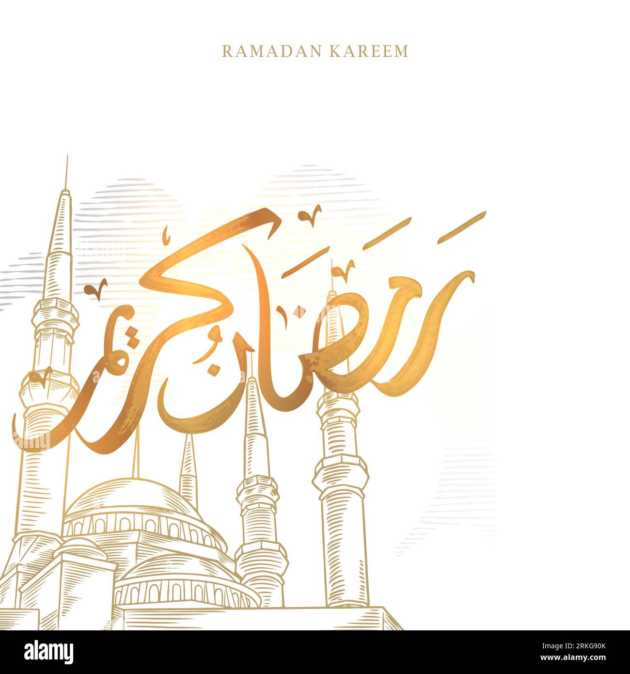 Ramadan Kareem greeting card with big mosque sketch and Golden Arabic calligraphy means 'Holly Ramadan'. Hand drawn sketch elegant design Isolated on Stock Vector