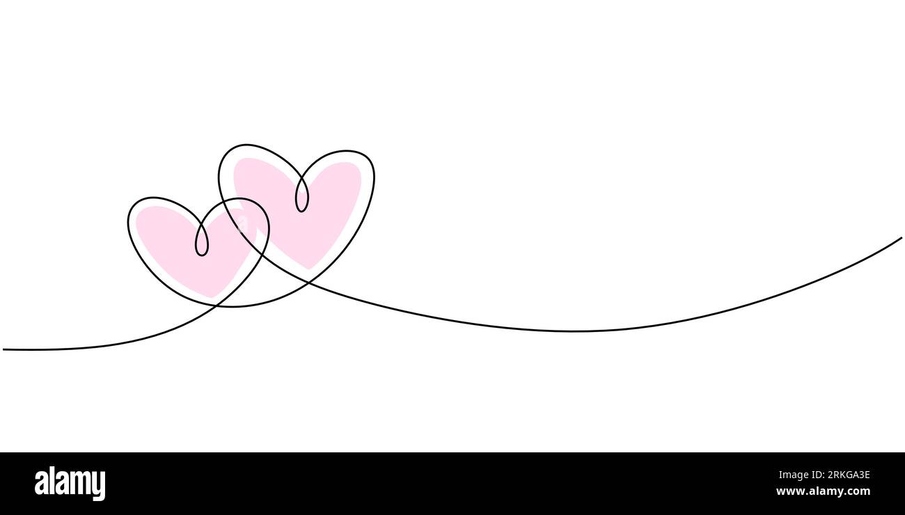 Continuous line drawing of love sign with two pink hearts embrace ...