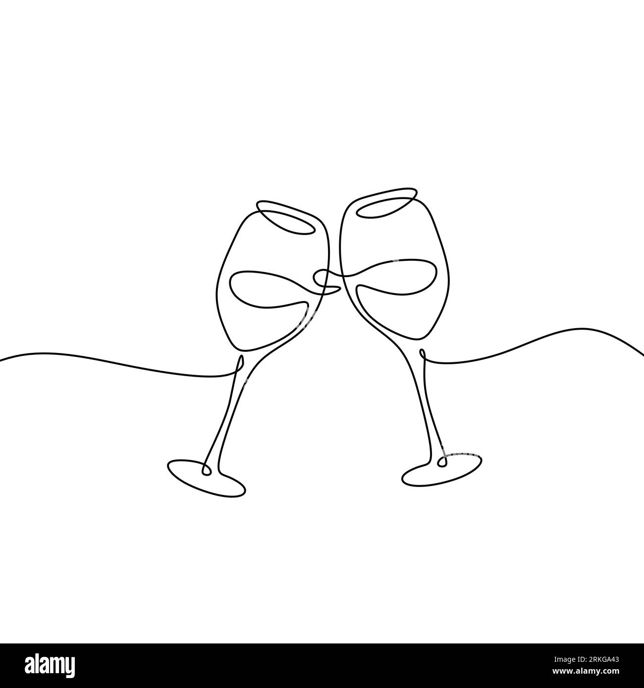 Continuous one line drawing of two wine glasses cheering for celeberation moments isolated on white background. Stock Vector