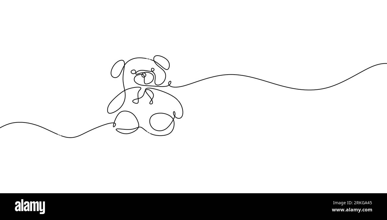 Bear plush toy with a single black line on a white background. One-line drawing. Continuous line. Cute stuffed teddy bear is mascot for little girl. L Stock Vector