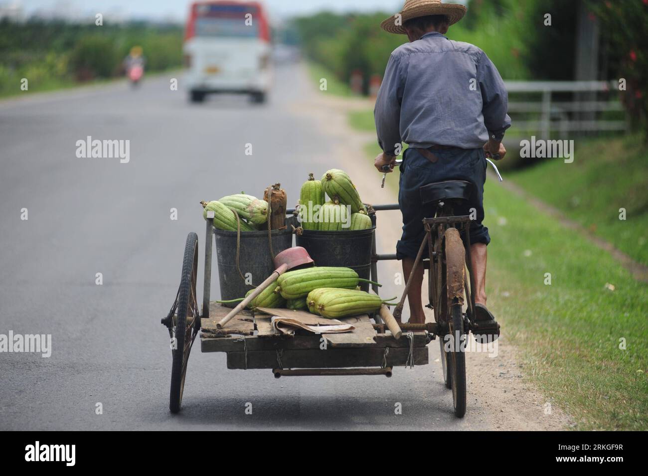 Bildnummer: 55590512  Datum: 13.07.2011  Copyright: imago/Xinhua (110713) -- QIONGHAI, July 13, 2011 (Xinhua) -- A villager carries melons home in Qionghai, south China s Hainan Province, July 13, 2011. China s consumer price index (CPI), the main gauge of inflation, rose 5.4 percent year-on-year in the first half of this year, the National Bureau of Statistics (NBS) said Wednesday. (Xinhua/Meng Zhongde) (ly) #CHINA-CPI-INCREASE (CN) PUBLICATIONxNOTxINxCHN Wirtschaft xjh 2011 quer o0 Melonen Wassermelonen    Bildnummer 55590512 Date 13 07 2011 Copyright Imago XINHUA  Qionghai July 13 2011 XINH Stock Photo