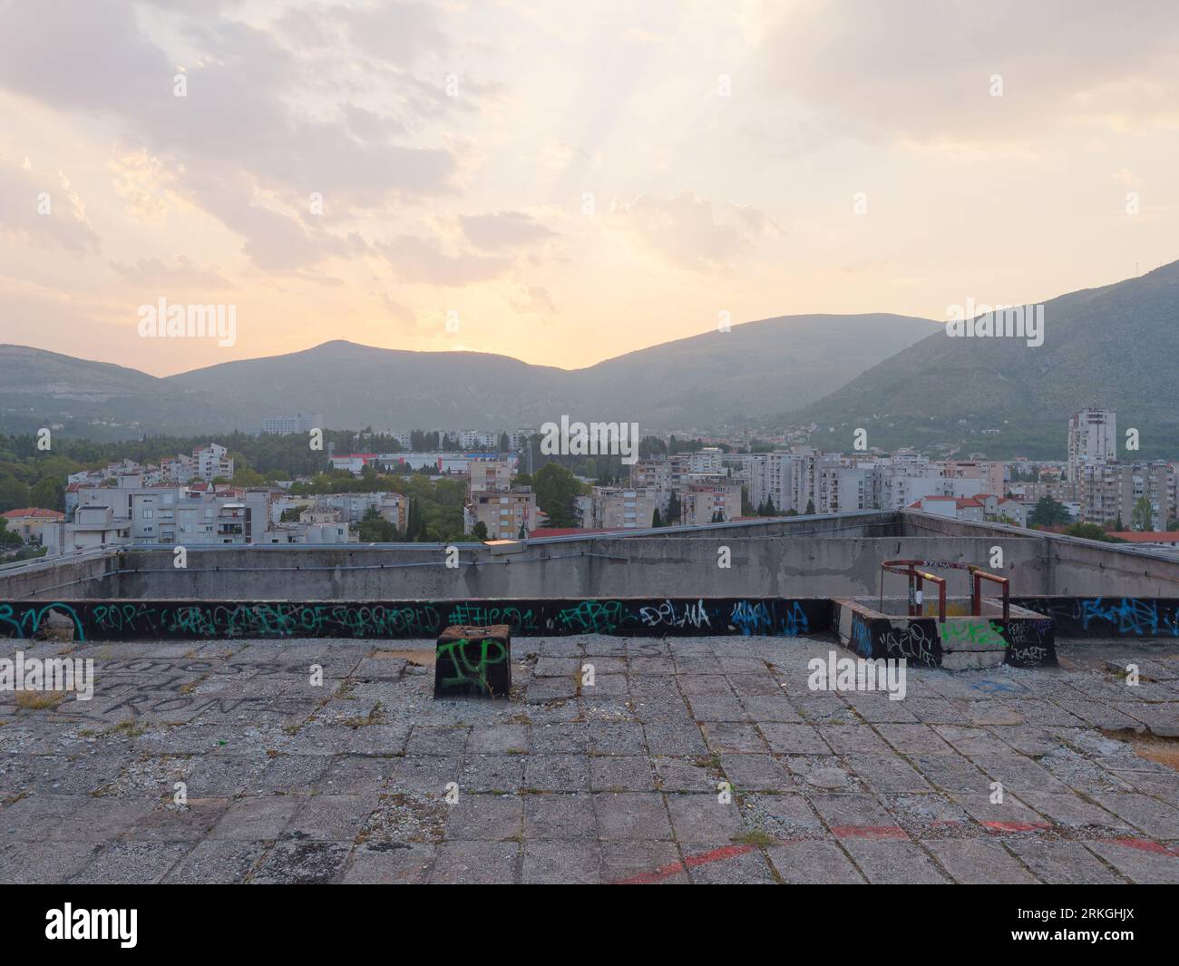 View of Mostar from roof of a derelict multi storey building known as The Sniper Tower since Bosnian war. Bosnia and Herzegovina, August 24, 2023. Stock Photo