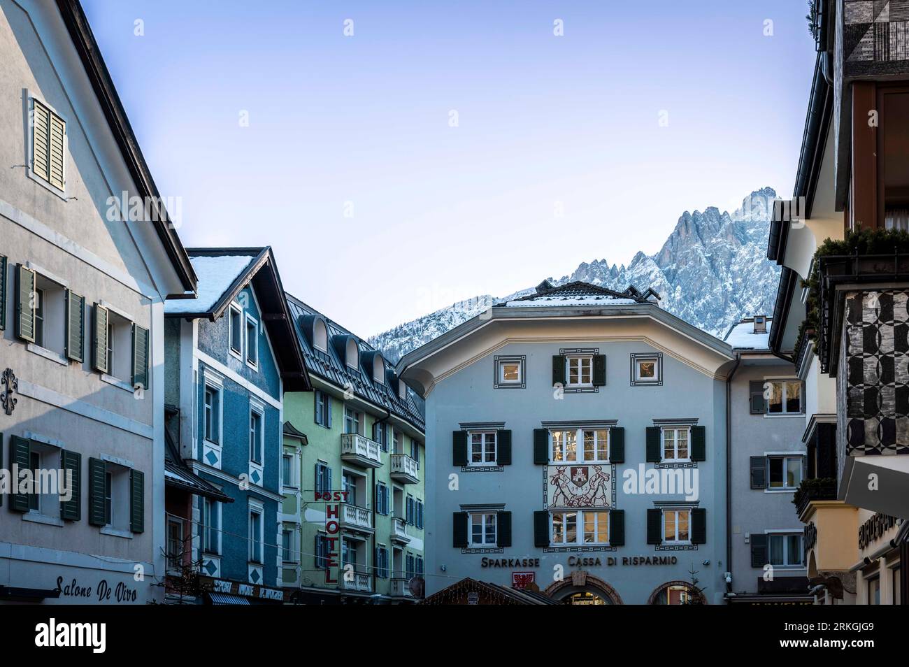 In the streets of San Candido. Christmas atmosphere and art. Stock Photo