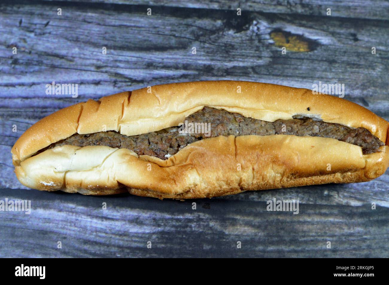 Kofta sandwich in a long bun, Arabic traditional cuisine of minced beef