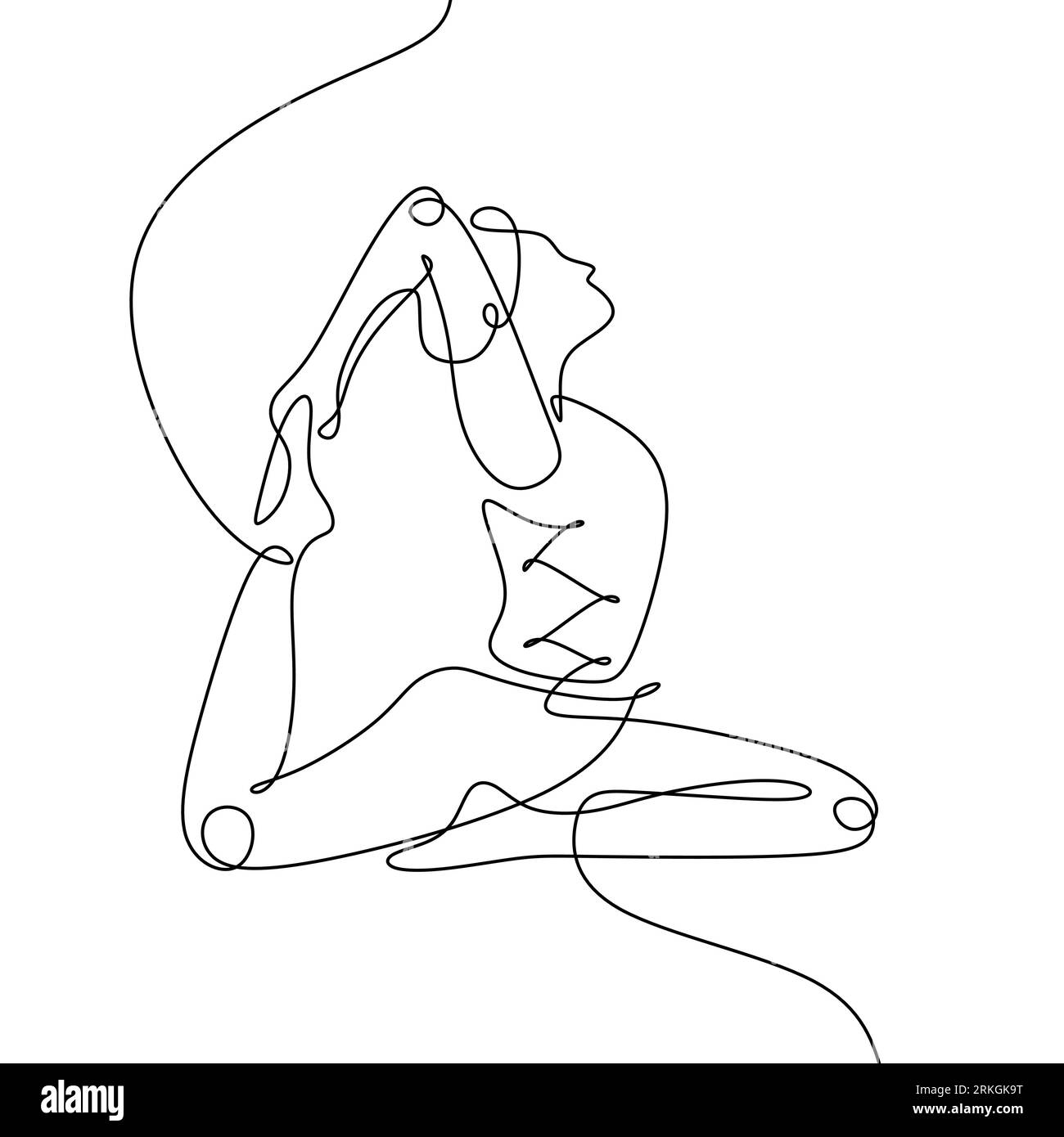 continuous line drawing of women yoga, king pigeon pose concept. Woman doing yoga with hand holding her leg in black white color. Stock Vector