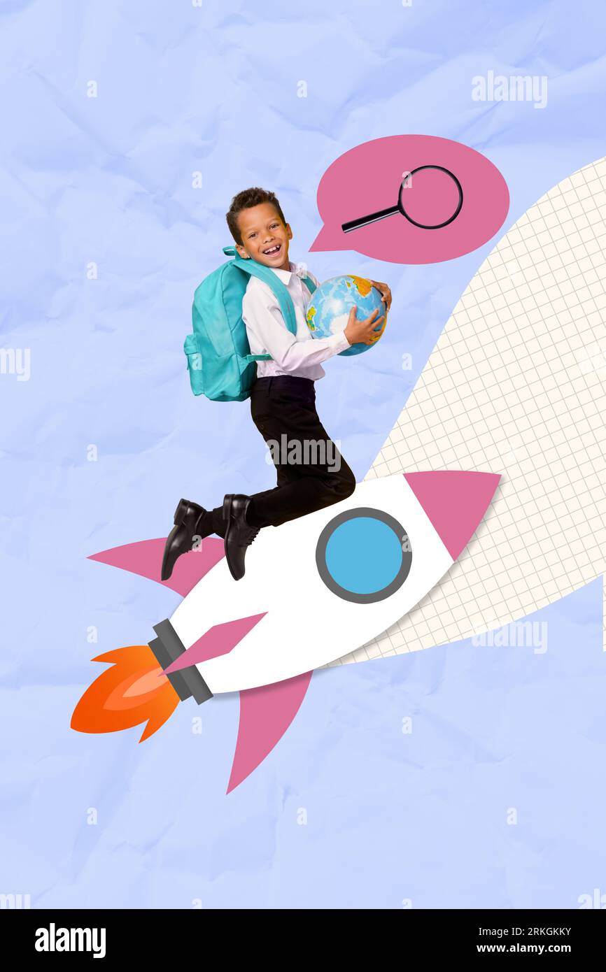 Vertical collage picture advert new courses schoolboy rocket enjoy exploring magnifying glass hold globus isolated on blue background Stock Photo