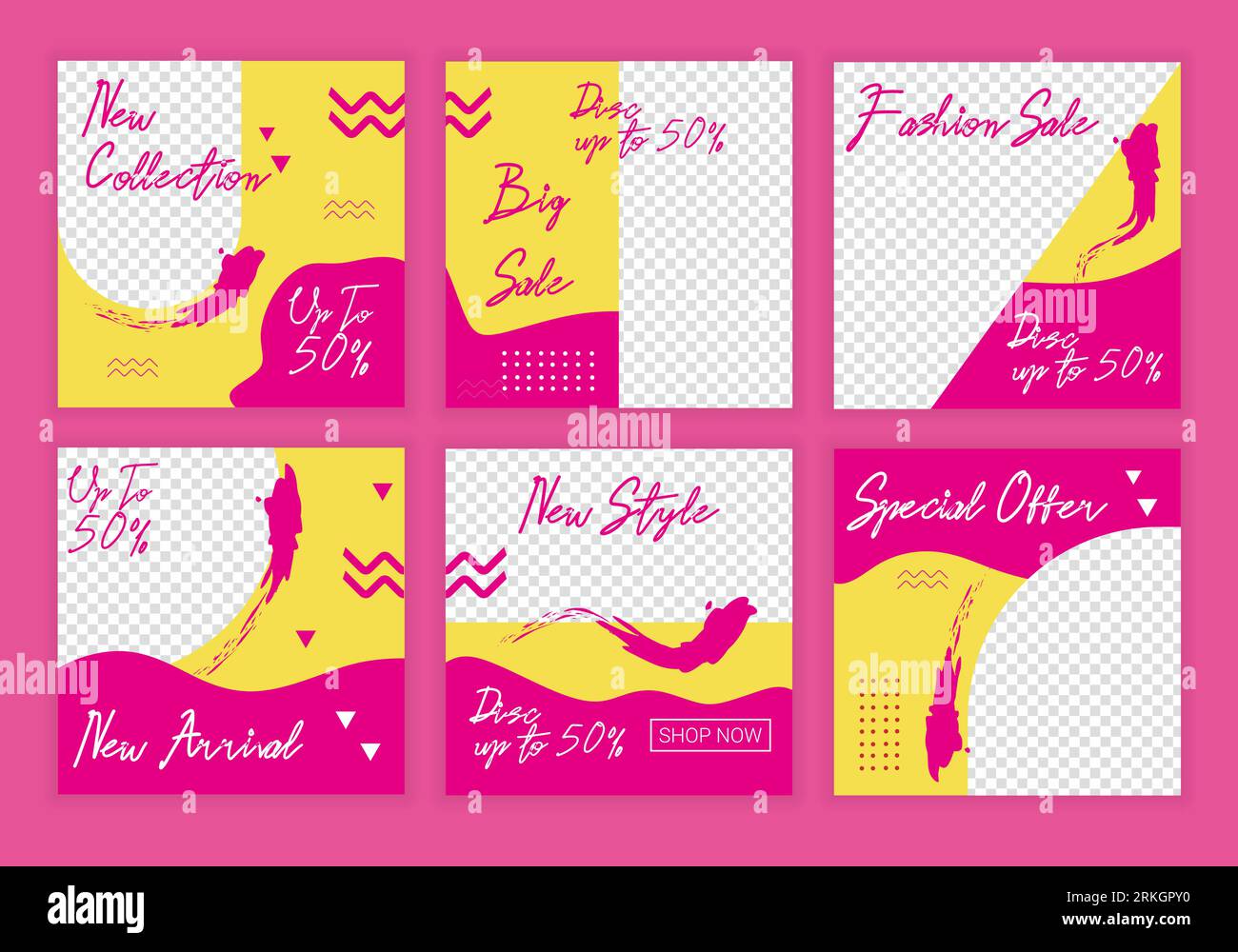 Set of creative square sale banner template with pink and yellow color combination for social media post or promotion, special offer and new arrival d Stock Vector
