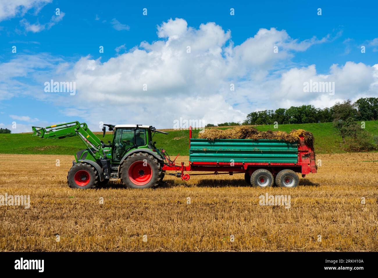 An agricultural vehicle, a tractor, hauling a full hay wagon through a