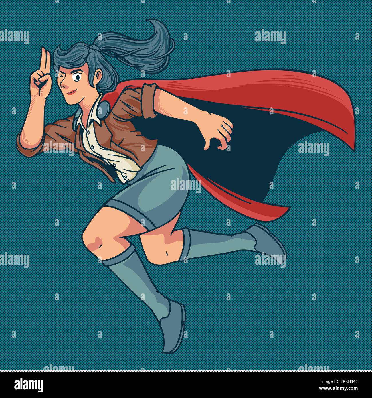 Cartoon illustration of a woman super hero. Young beautiful and strong girl in stylish colorful costume flying with funny pose. Vector illustration in Stock Vector