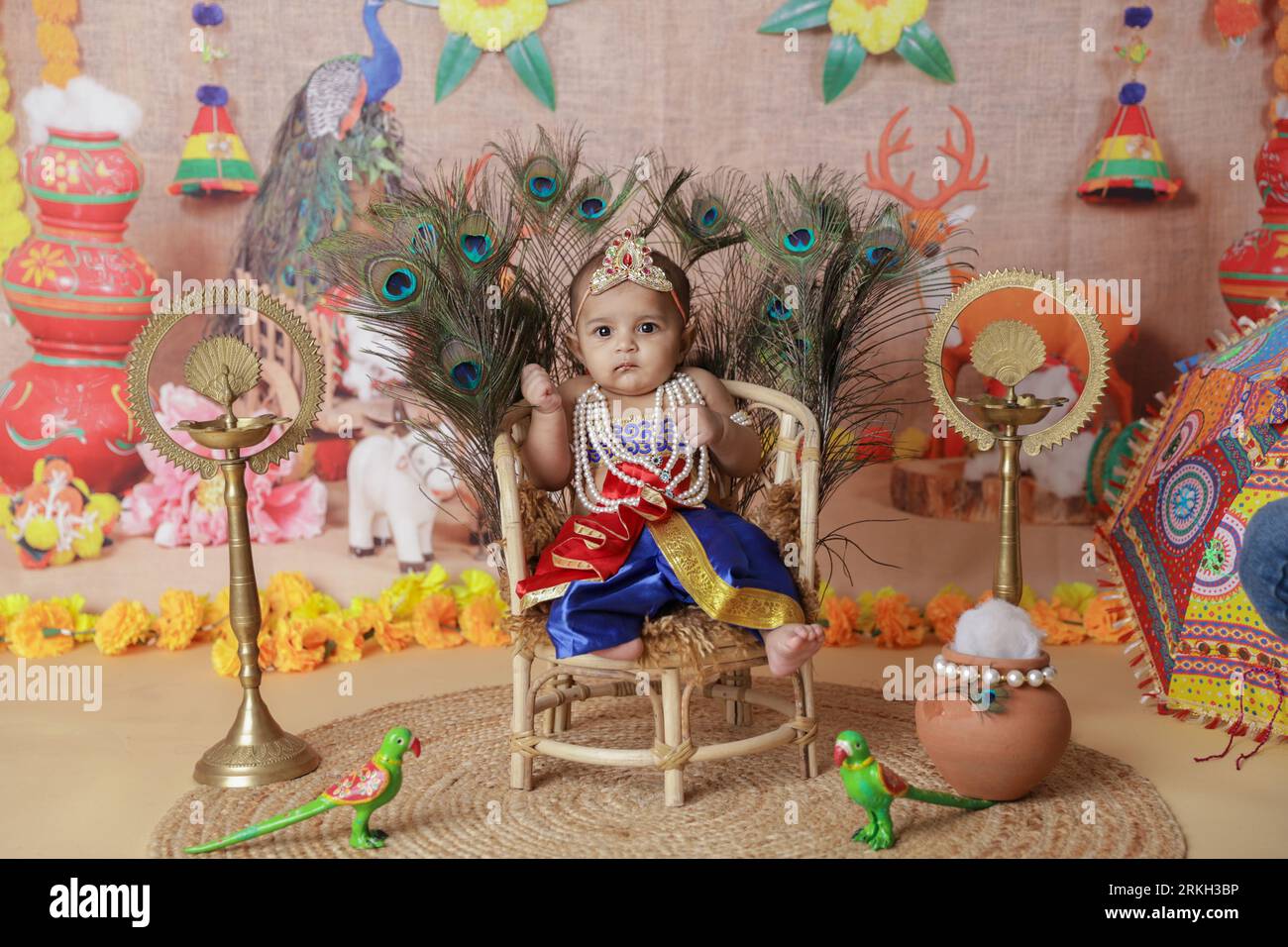 Janmashtami Concept. Cute baby boy dressed up as little krishna sitting