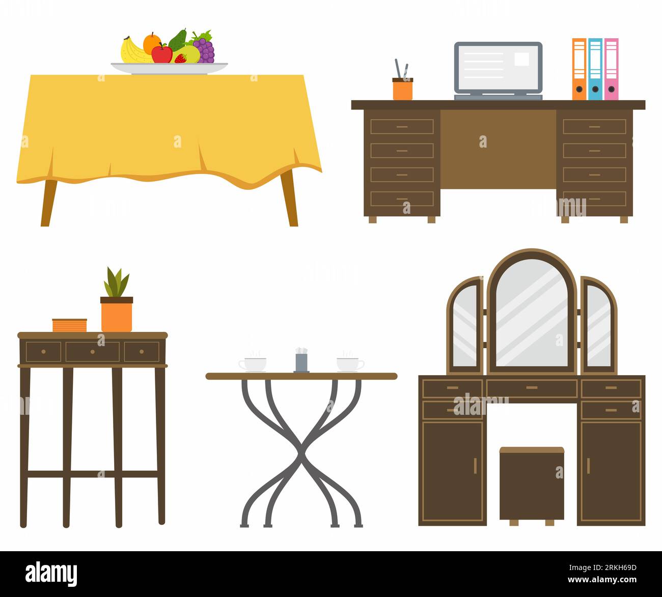 Set of different living room tables, includes home office desk, dining