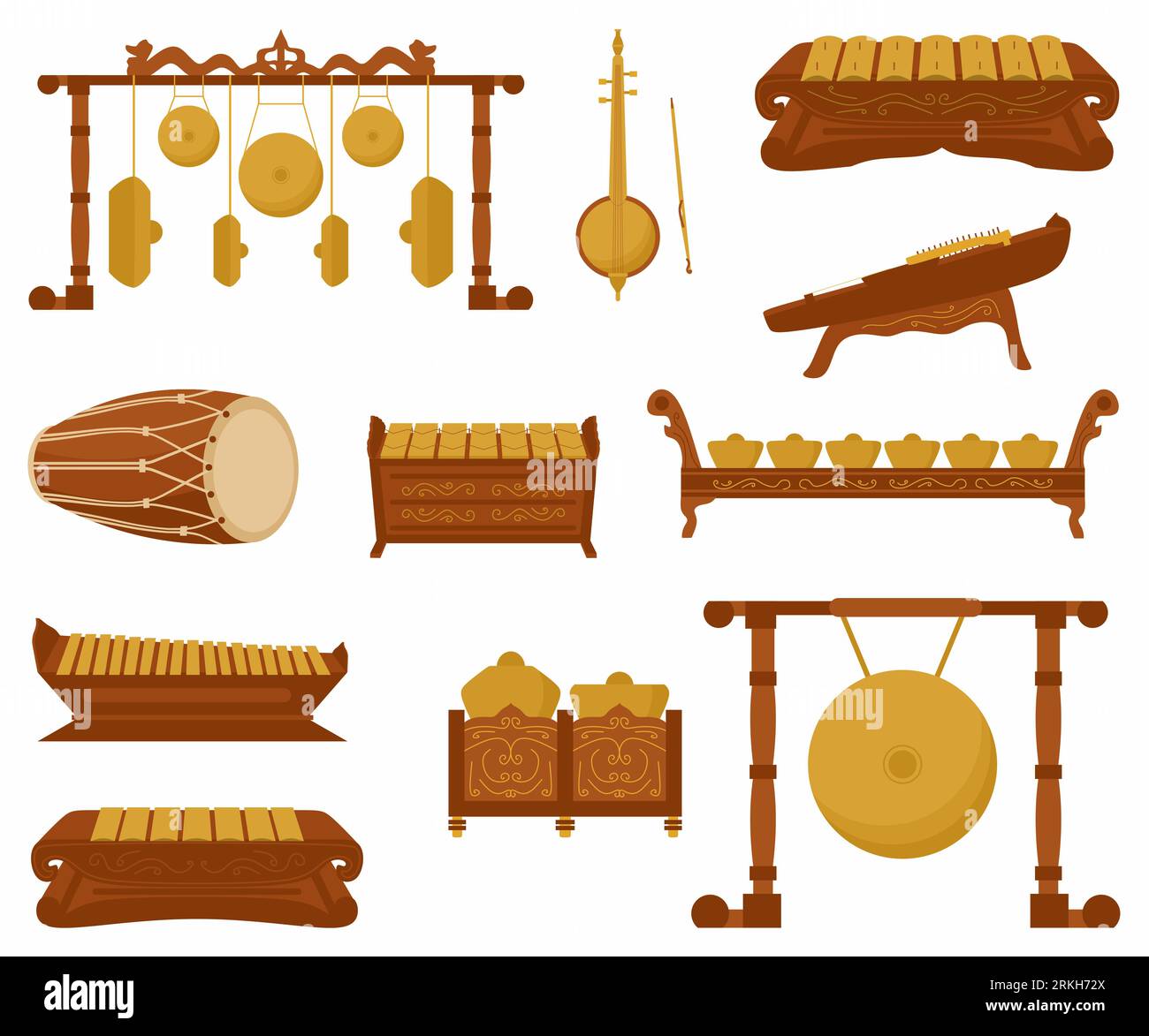 Vector set of traditional percussion musical instruments in the flat style. Various classical orchestral musical instruments. Indonesian musical instr Stock Vector