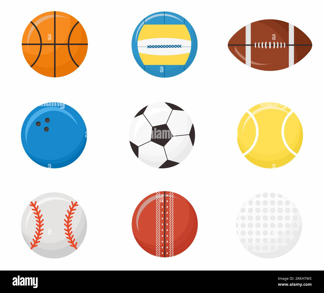 Set of sports balls flat style icons: volleyball, basketball, football, cricket, american football, bowling, baseball, tennis, golf. Vector sport illu Stock Vector